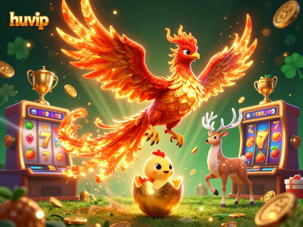 Win big at huvip with a vibrant 3D illustration featuring a phoenix, slots, and gold coins!