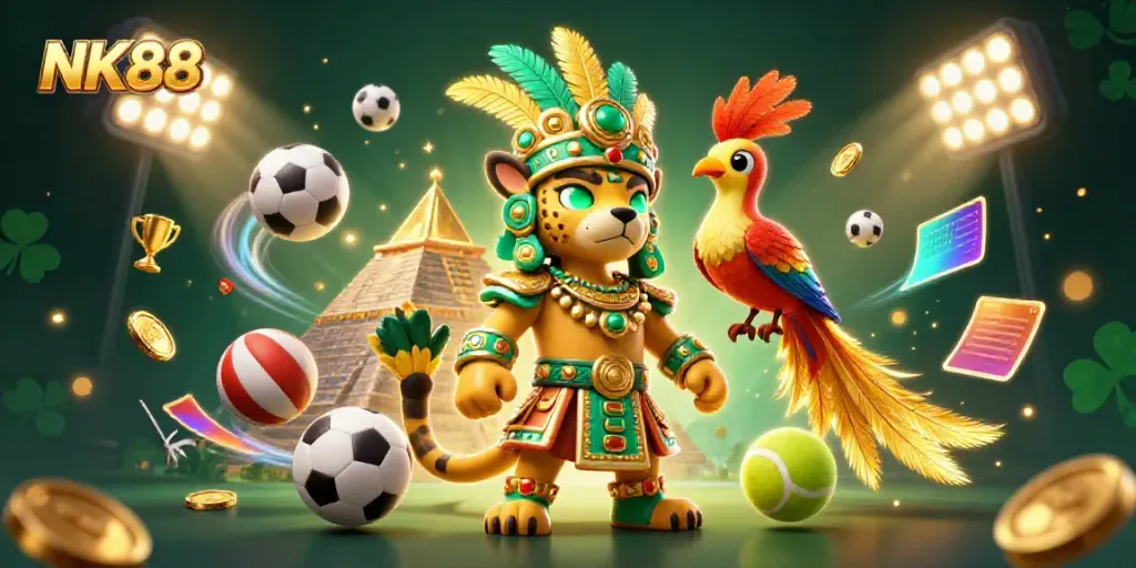 Experience dynamic gaming with NK88's vibrant casino action featuring a Mayan jaguar priest and a quetzal bird.