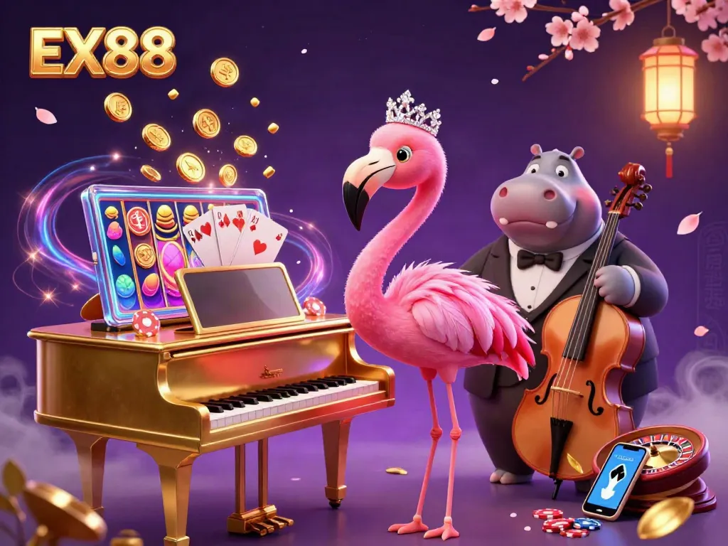 Experience the vibrant EX88 casino scene with a flamingo singer and hippo bassist amidst dynamic gaming elements.