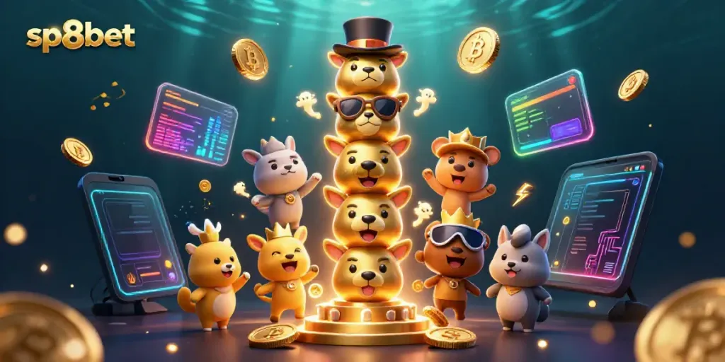 Engage with sp8bet's thrilling casino experience featuring a vibrant totem pole and crypto elements.