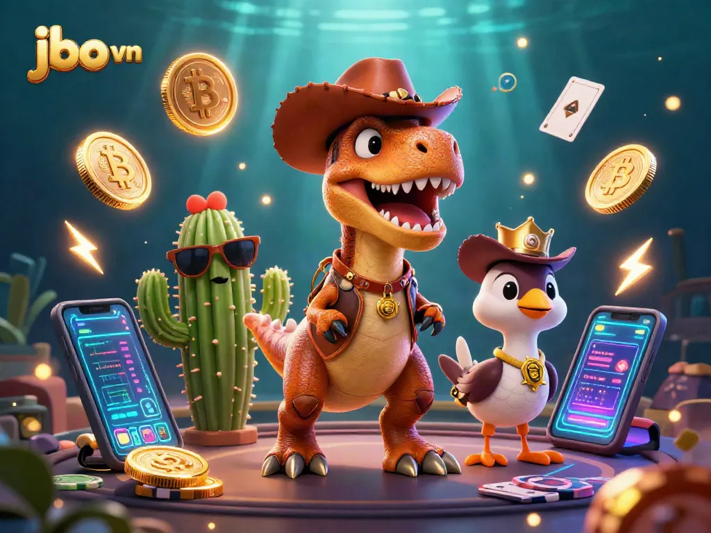 Engage with jbo vn at the lively poker table featuring a T-Rex, cactus, and roadrunner.