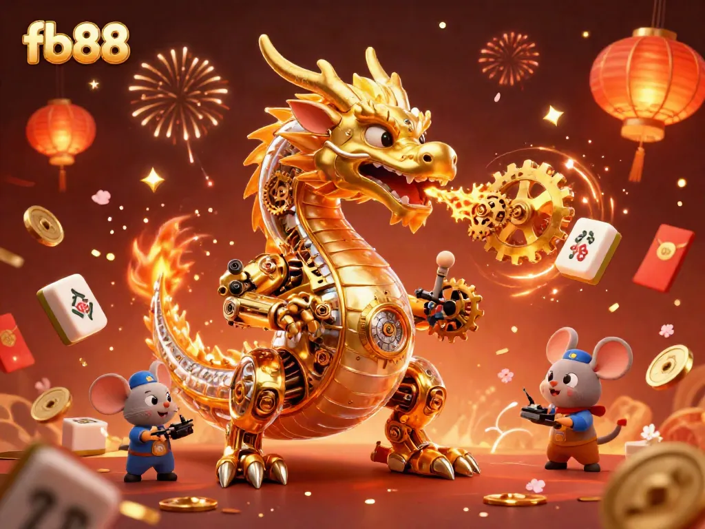 Experience the thrill of fb88 casino with a golden dragon and festive gaming elements in a vibrant scene.