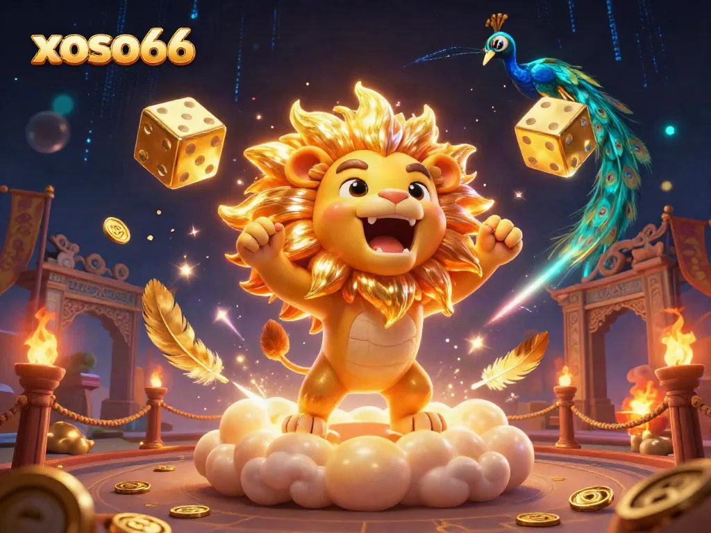 Join the xoso66 gaming adventure with a roaring lion and golden casino elements in a rich 3D illustration.