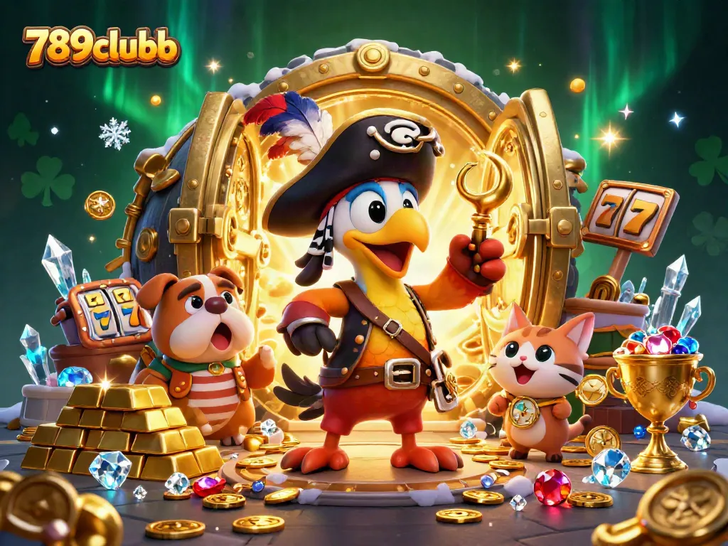 Engage in thrilling action with 789clubb at this vibrant casino scene showcasing rich treasures and lively characters.