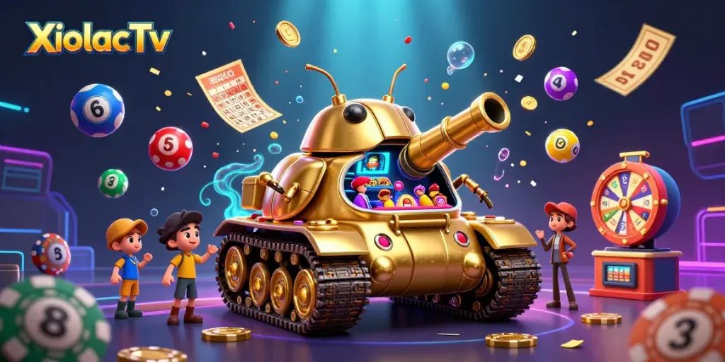 XoilacTv presents an exciting scene of gambling with a golden casino beetle tank amidst dynamic lottery balls and prizes.