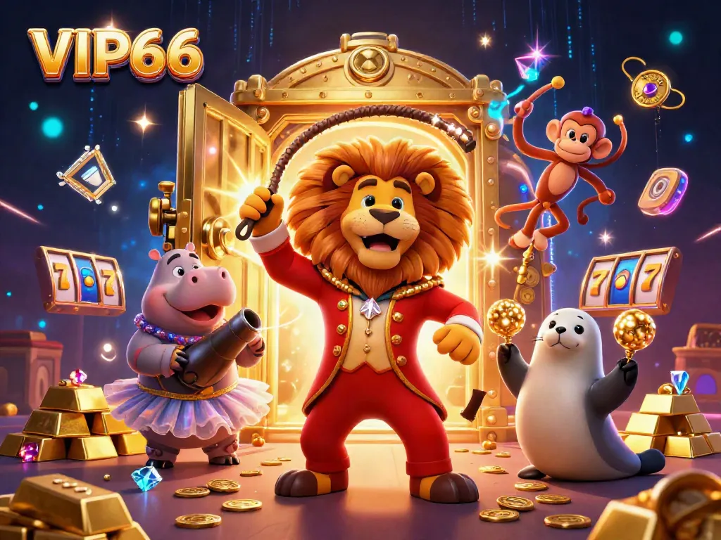 Experience thrilling VIP66 gameplay with a vibrant 3D illustration of engaging casino characters and elements.