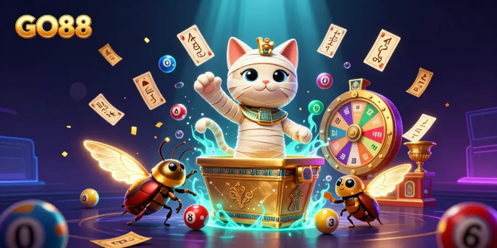 Experience GO88's thrilling atmosphere with vibrant casino elements in a magical mummy-themed scene.