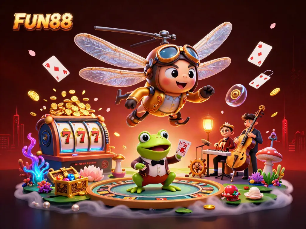Experience winning with FUN88 in a vibrant 3D casino scene filled with slots and dynamic characters.