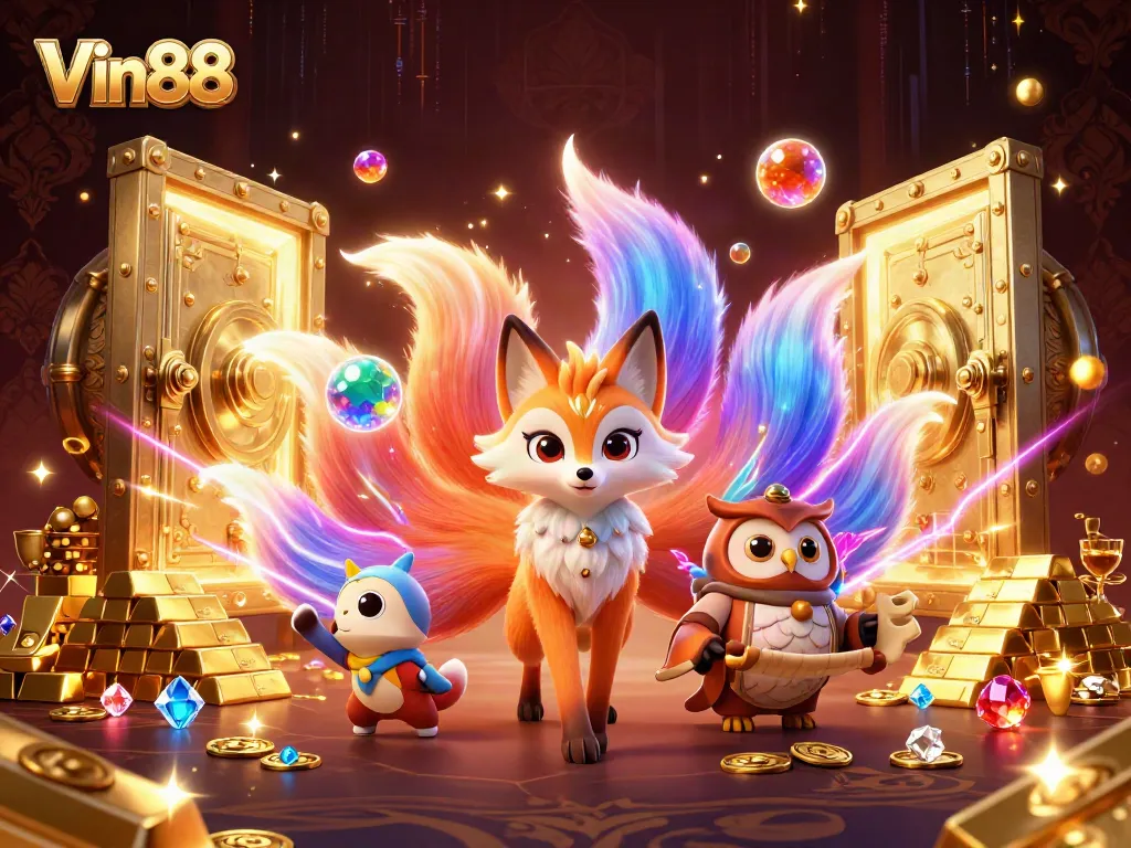 Engage with Vin88's vibrant gaming universe showcasing a mystical fox, treasure vaults, and ethereal orbs.