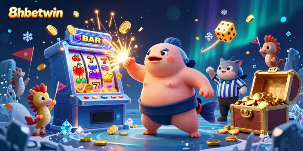 Experience thrilling gameplay at 8xbetwin with a vibrant underwater casino scene featuring a blowfish referee and slot machines.