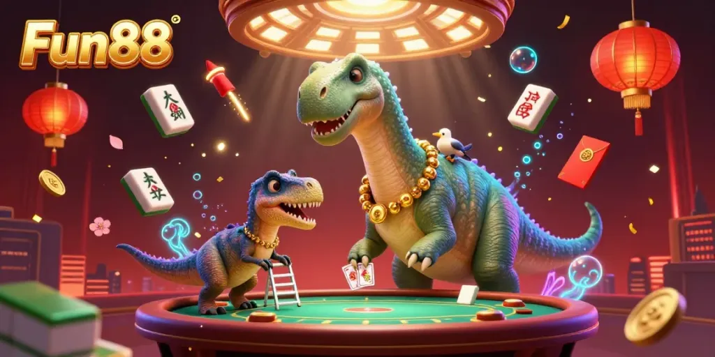 Engage in thrilling Fun88 casino gaming surrounded by dynamic illustrations of a giant brontosaurus and a clever raptor dealing cards.