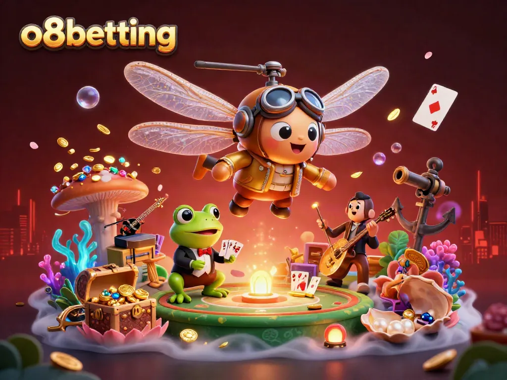 Experience the thrill of o8betting in a vibrant casino scene with unique 3D characters and elements.