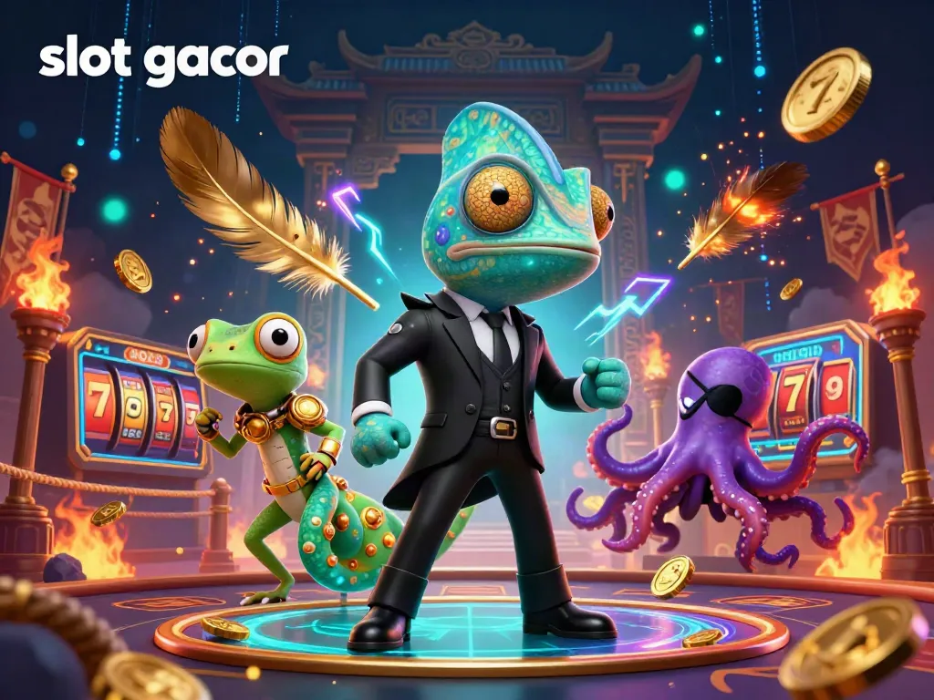Engage with the lively casino atmosphere featuring slot gacor elements and colorful 3D characters.