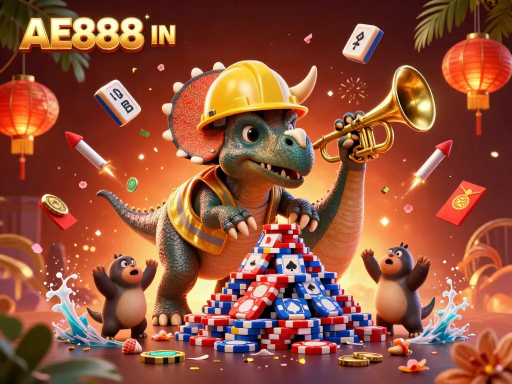 Engage in adventurous gaming at AE888 IN with vibrant visuals celebrating a lively casino atmosphere.