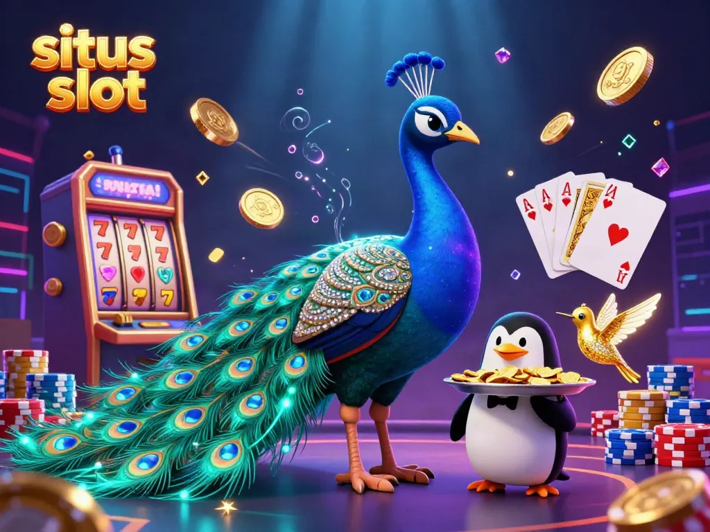 Experience situs slot thrill with dazzling characters in a vibrant 3D casino scene.