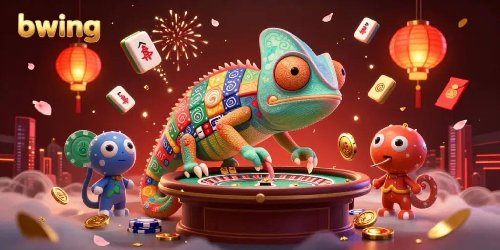 Experience an engaging bwing casino scene with a chameleon owner and vibrant game elements.