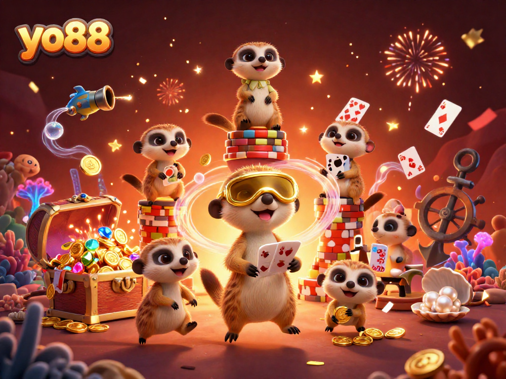 Experience excitement at yo88 with meerkats managing a vibrant casino scene full of treasures!