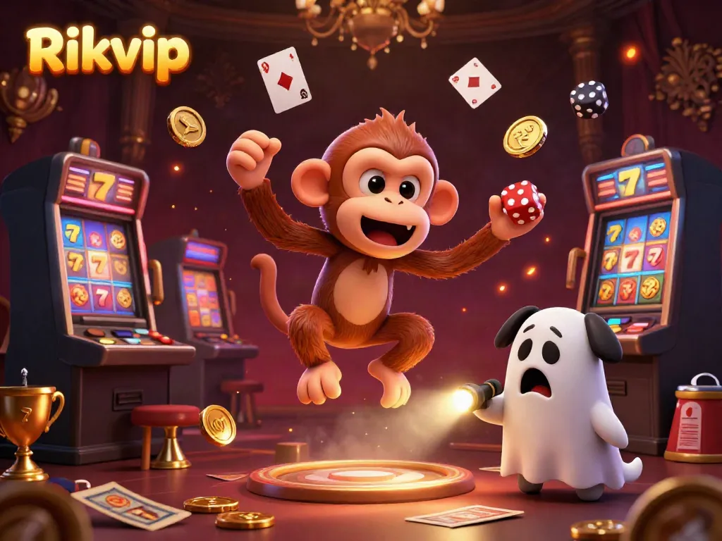 Experience the thrilling gameplay of Rikvip in a haunted casino with a playful poltergeist monkey and a curious puppy.