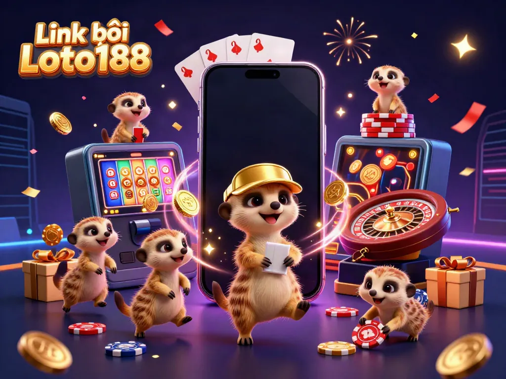 Engage in thrilling casino fun with the vibrant Link vào Loto188 scene featuring playful meerkats and exciting gaming elements.