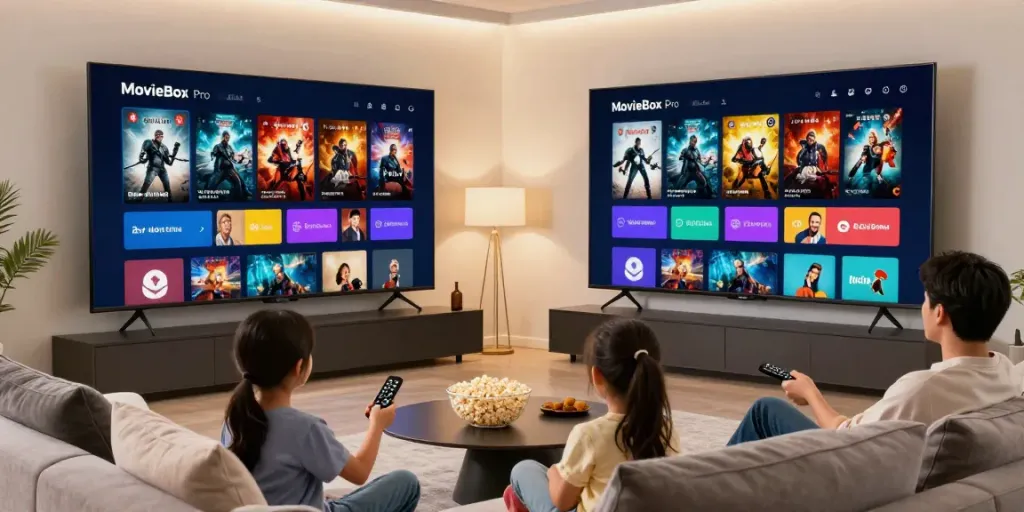 Explore family movie night with the MovieBox Pro app on https://mymovieboxproapp.com/ in cozy living room setting.
