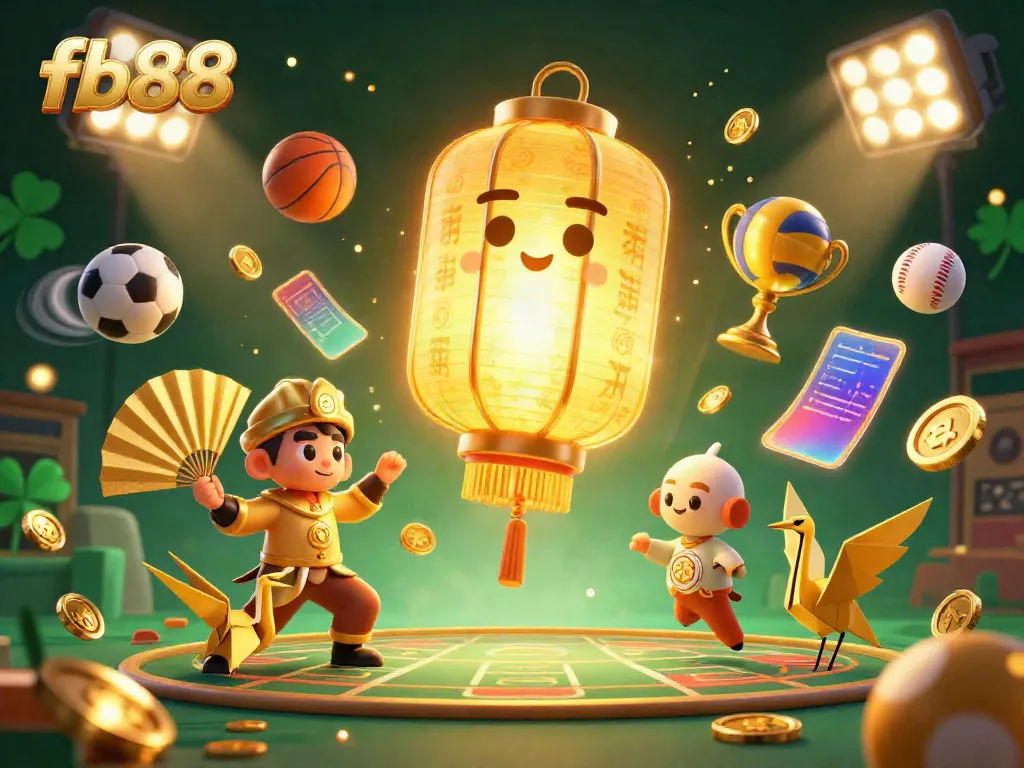 Engage with fb88's vibrant online casino scene featuring a glowing golden lantern spirit and dynamic sports elements.
