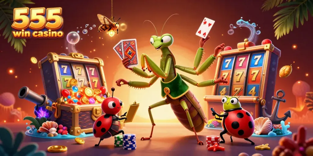 Experience thrilling action at 555 win casino with vibrant slot reels and energetic characters.