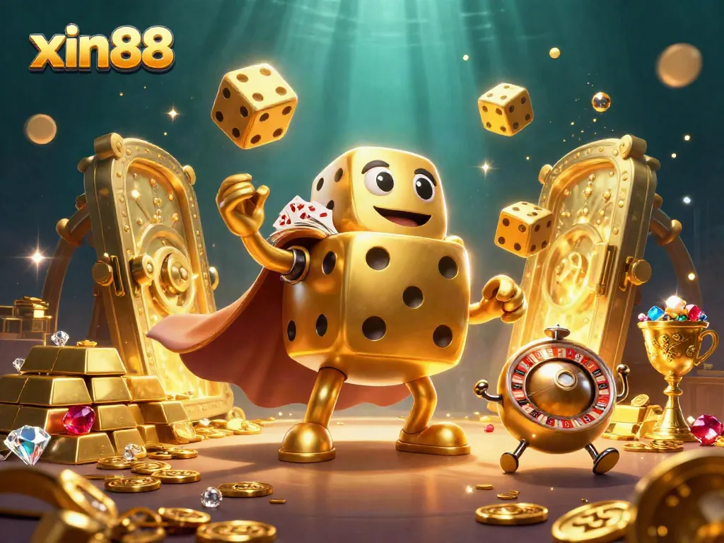 Experience the excitement of xin88 with golden dice and jewels, showcasing vibrant casino action.