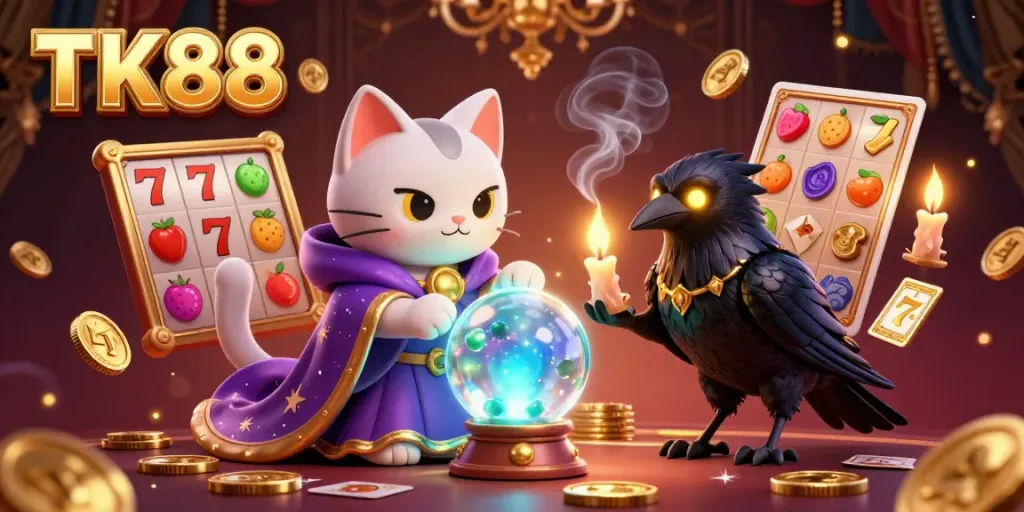 Engage in thrilling slots action at TK88 with vibrant characters and rich casino elements.