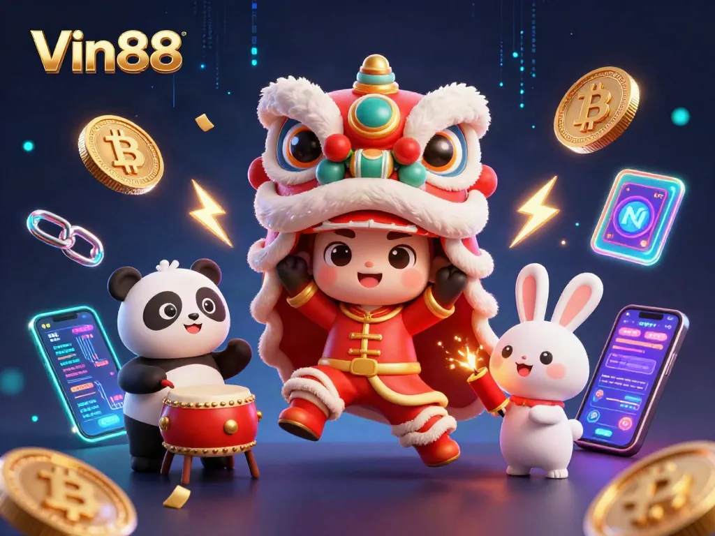 Engage in the vibrant world of Vin88 with a lively lion dance and dynamic crypto elements.