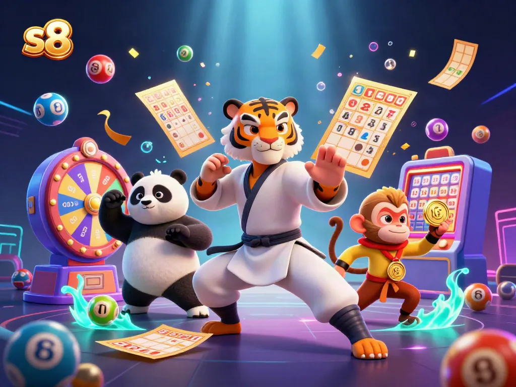 S8 captivates users with vibrant lottery balls and playful characters in an energetic casino scene.