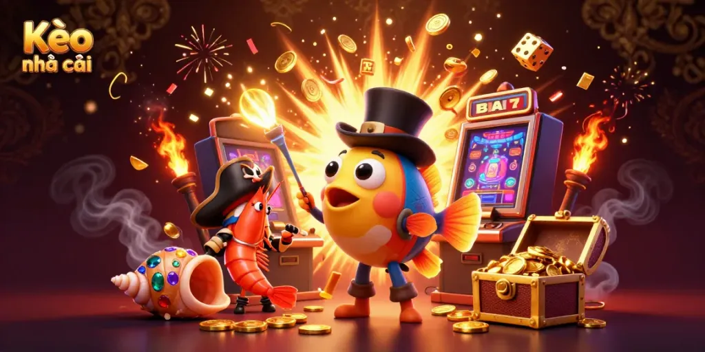 Engage with Kèo nhà cái in this vibrant 3D scene featuring a whimsical anglerfish, pirate shrimp, and gemstone snail amidst a jackpot theme.