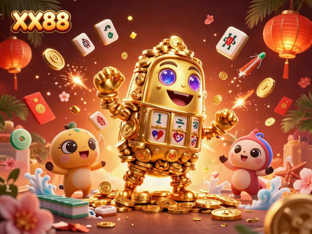 Experience winning at XX88 with a dynamic representation of a golden golem and casino symbols.