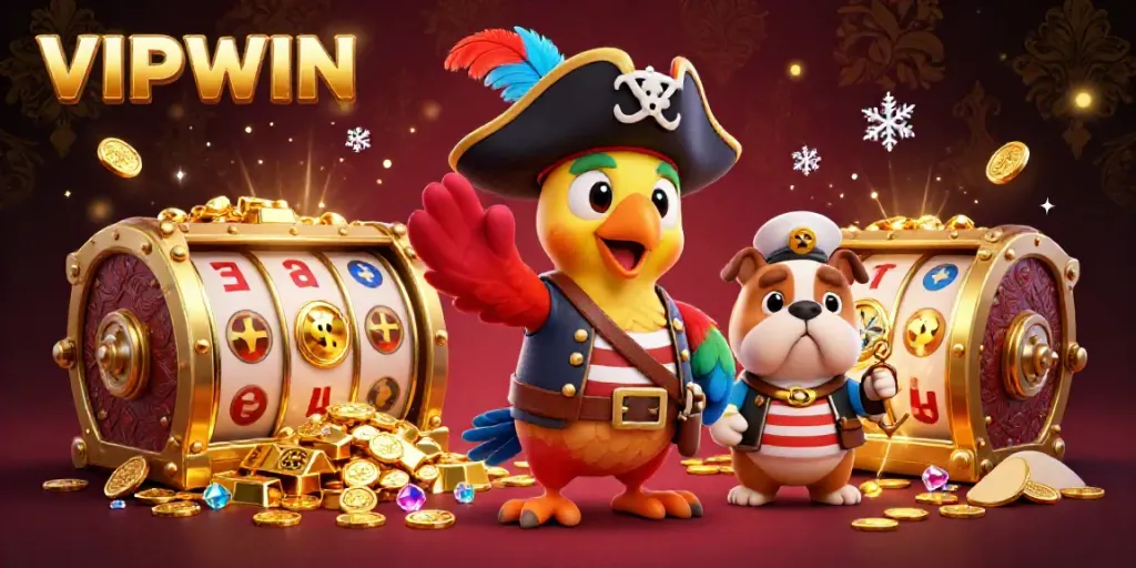 Experience the thrill with VIPWIN's vibrant casino scene featuring a pirate captain parrot and dazzling treasures.