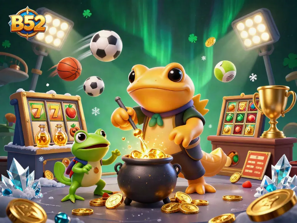 B52 casino scene showcasing a golden salamander alchemist with slot reels and sports elements.