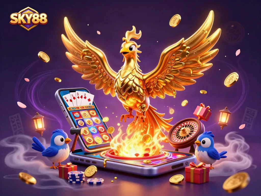 Experience thrilling gaming action at SKY88 with a golden phoenix emerging as a symbol of winning.