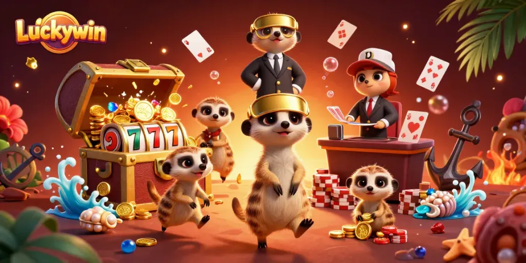 Experience winning excitement at Luckywin in this vibrant 3D casino scene with meerkats.
