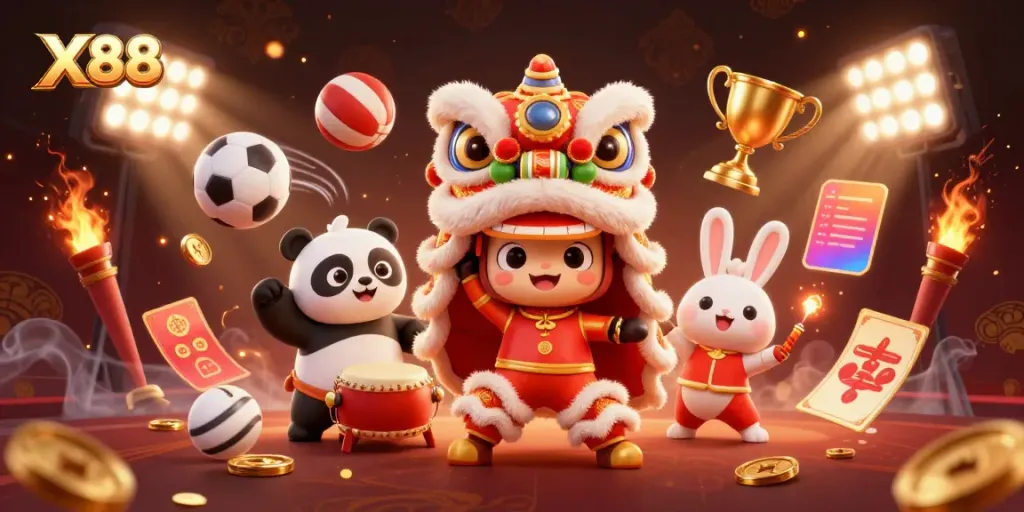 Engage with X88's online games featuring lively characters highlighting festive casino action.