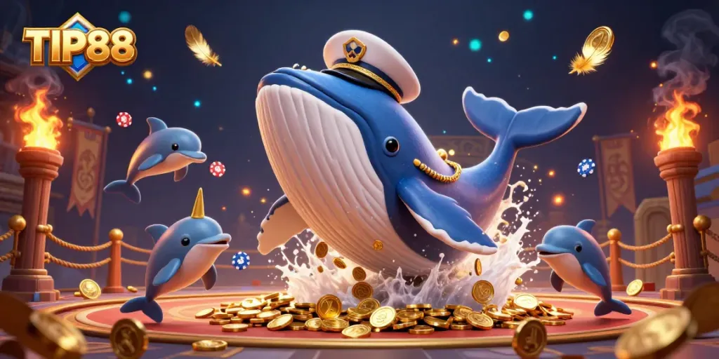 Experience the thrilling world of TIP88 with a giant whale, narwhal, and dolphins among coins and betting tokens.