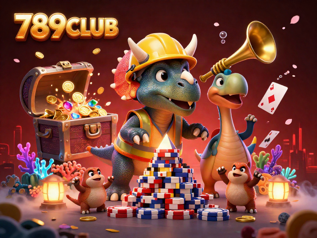 789CLUB brings excitement as a triceratops builds poker chips amidst a vibrant celebration.