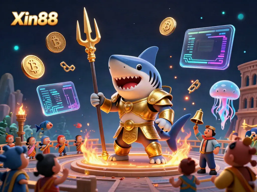 Experience thrilling gaming at Xin88 with a vibrant underwater casino featuring a tiger shark and crypto elements.