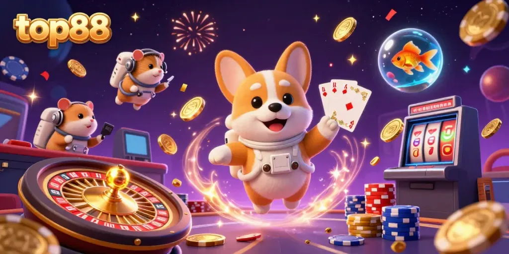 top88 astronauts enjoy spirited casino fun with floating poker chips in a cosmic scene