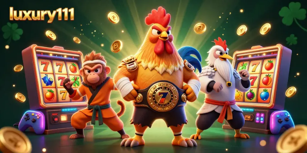 Experience thrilling wins with luxury111 in this vibrant casino scene featuring dynamic slot elements.