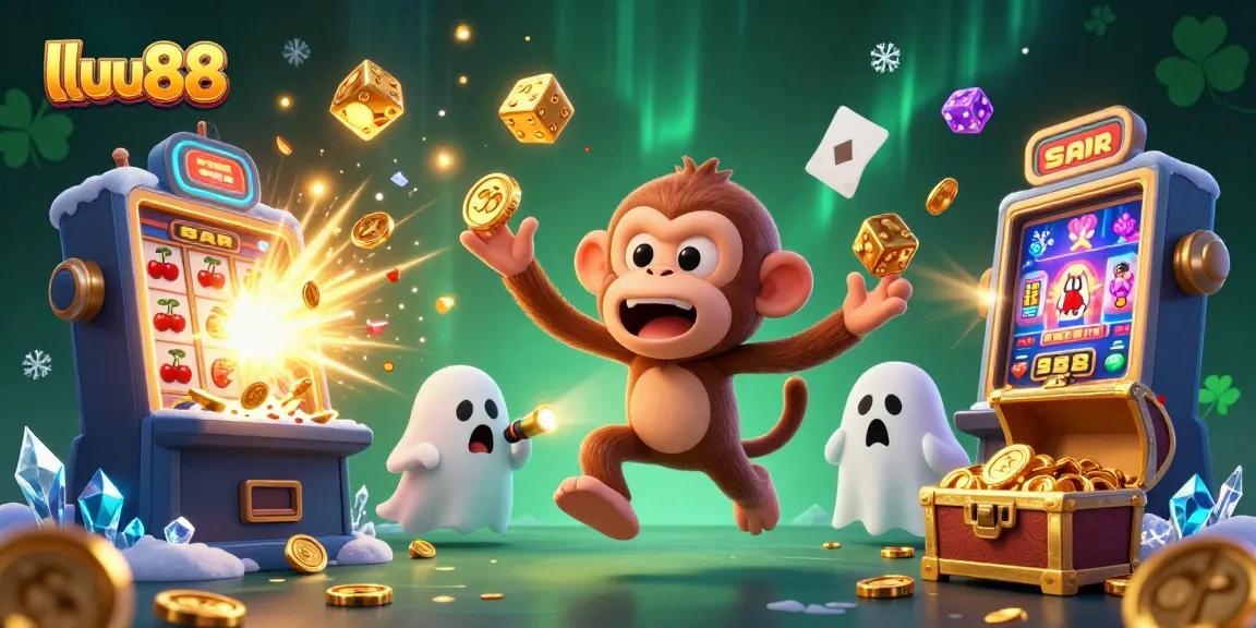 lluu88 brings thrilling casino action with a playful poltergeist and ghost-hunter puppy in a haunted slot scene