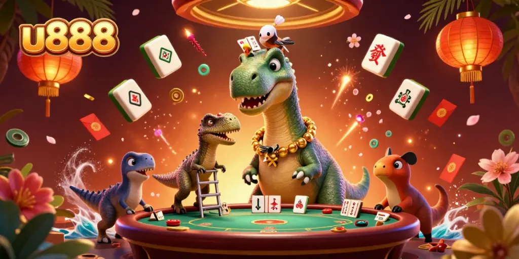 Win big at u888 with a vibrant 3D casino scene featuring a playful dinosaur and action-packed elements.
