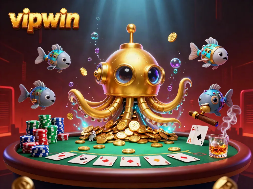 Engage in thrilling gameplay with vipwin, a vibrant scene of a kraken submarine exploring golden treasures.