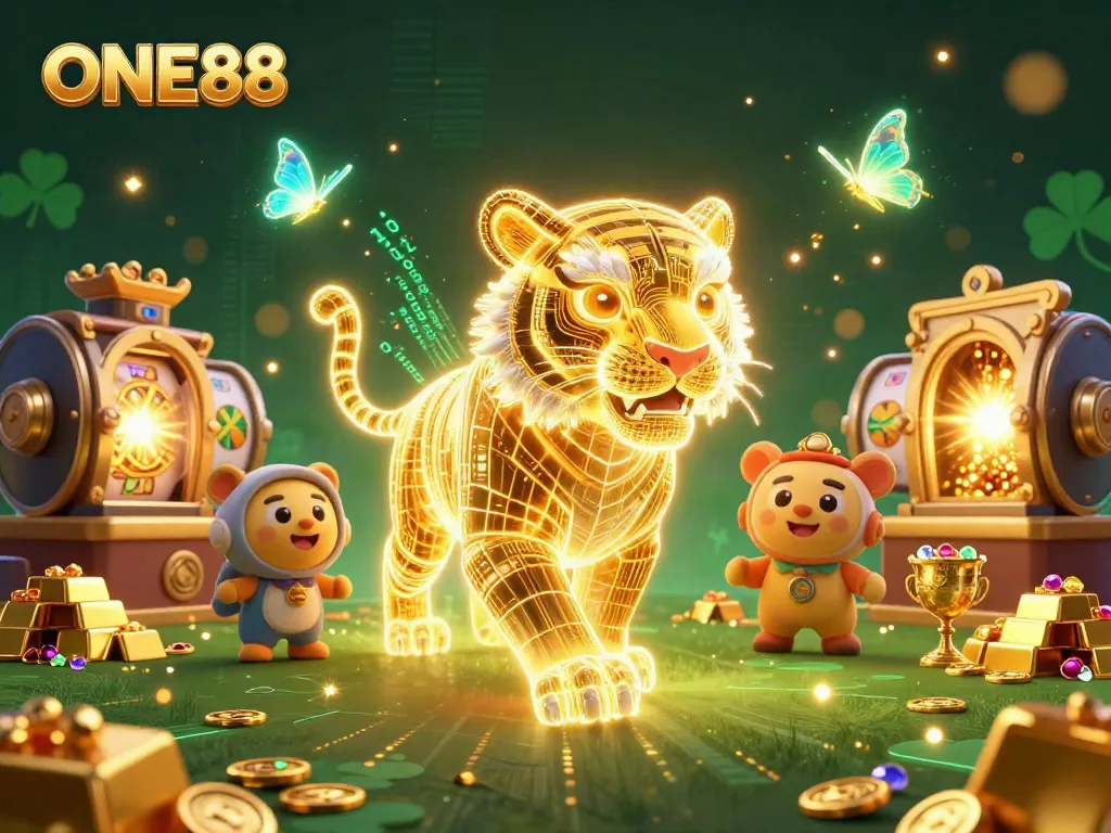 Experience thrilling gaming action at ONE88 with a vibrant digital casino scene full of golden treasures.