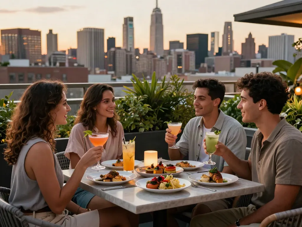 NoHu rooftop dining scene with friends enjoying cocktails and gourmet dishes against the NYC skyline.