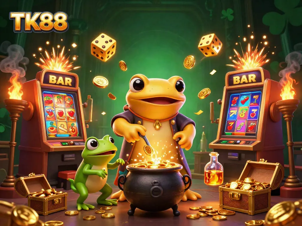 Win big with TK88 in a rich scene of a golden salamander alchemist surrounded by vibrant casino game elements.