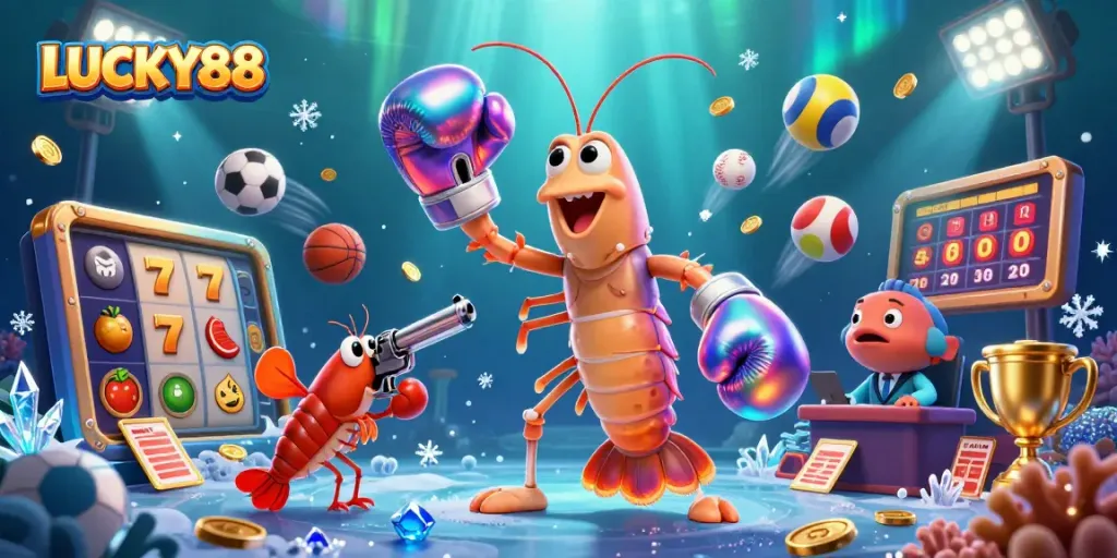 Engage with LUCKY88's vibrant casino world featuring exciting slot reels and energetic mascots.