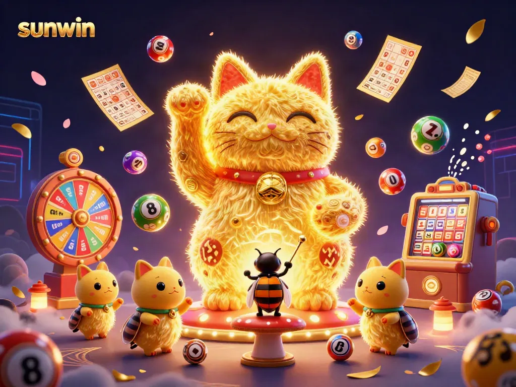sunwin's vibrant lucky cat surrounded by casino symbols and lottery elements showcasing exciting gaming atmosphere